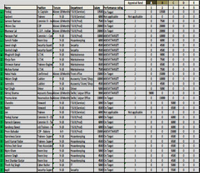 Employees list with their Appraisal Bands